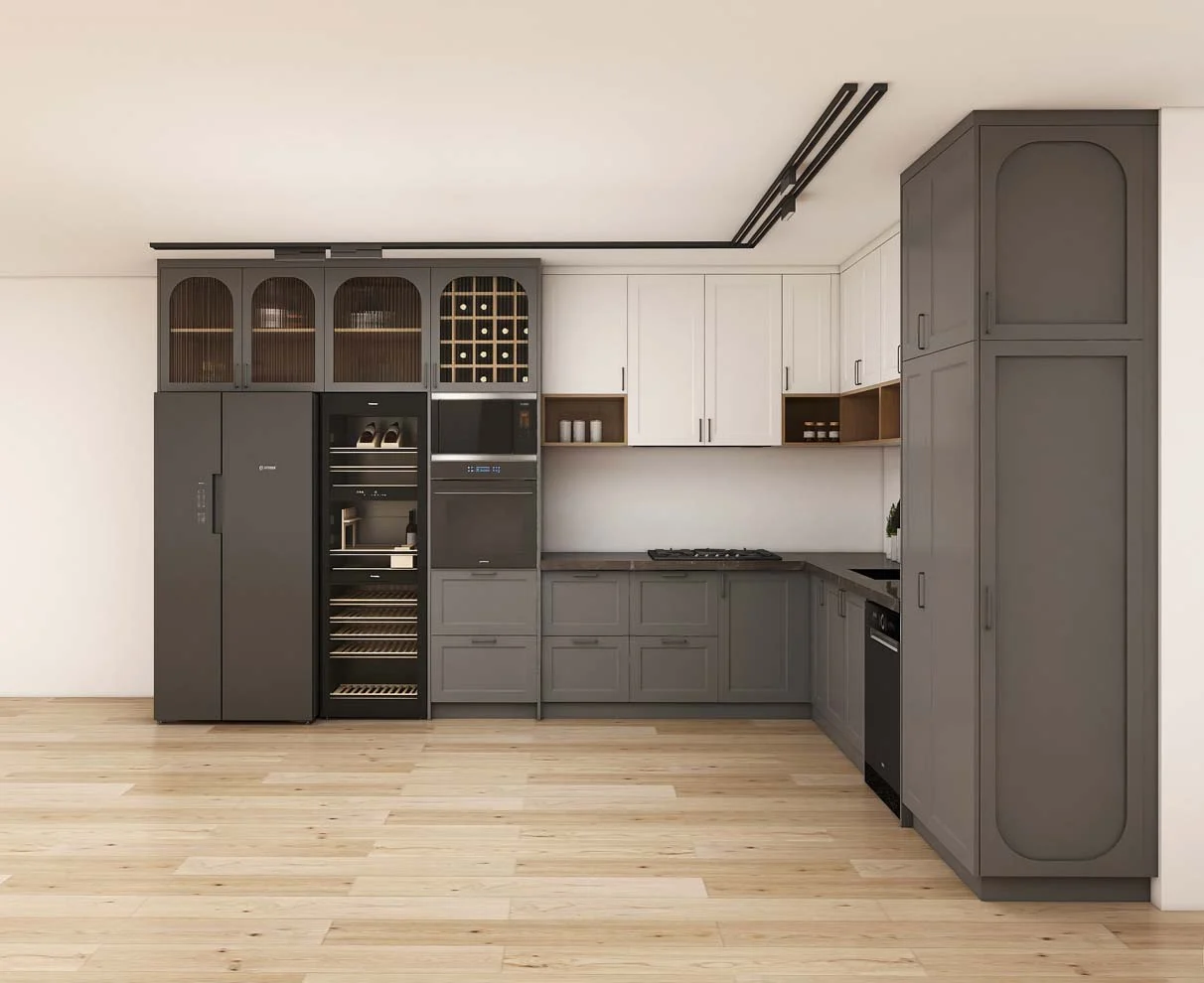 Puertas de gabinete estilo shaker atemporales en una cocina moderna de dos tonos