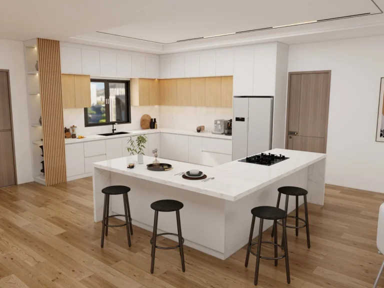 Bright and Modern Kitchen Designs With White Cabinets and Wood Accents