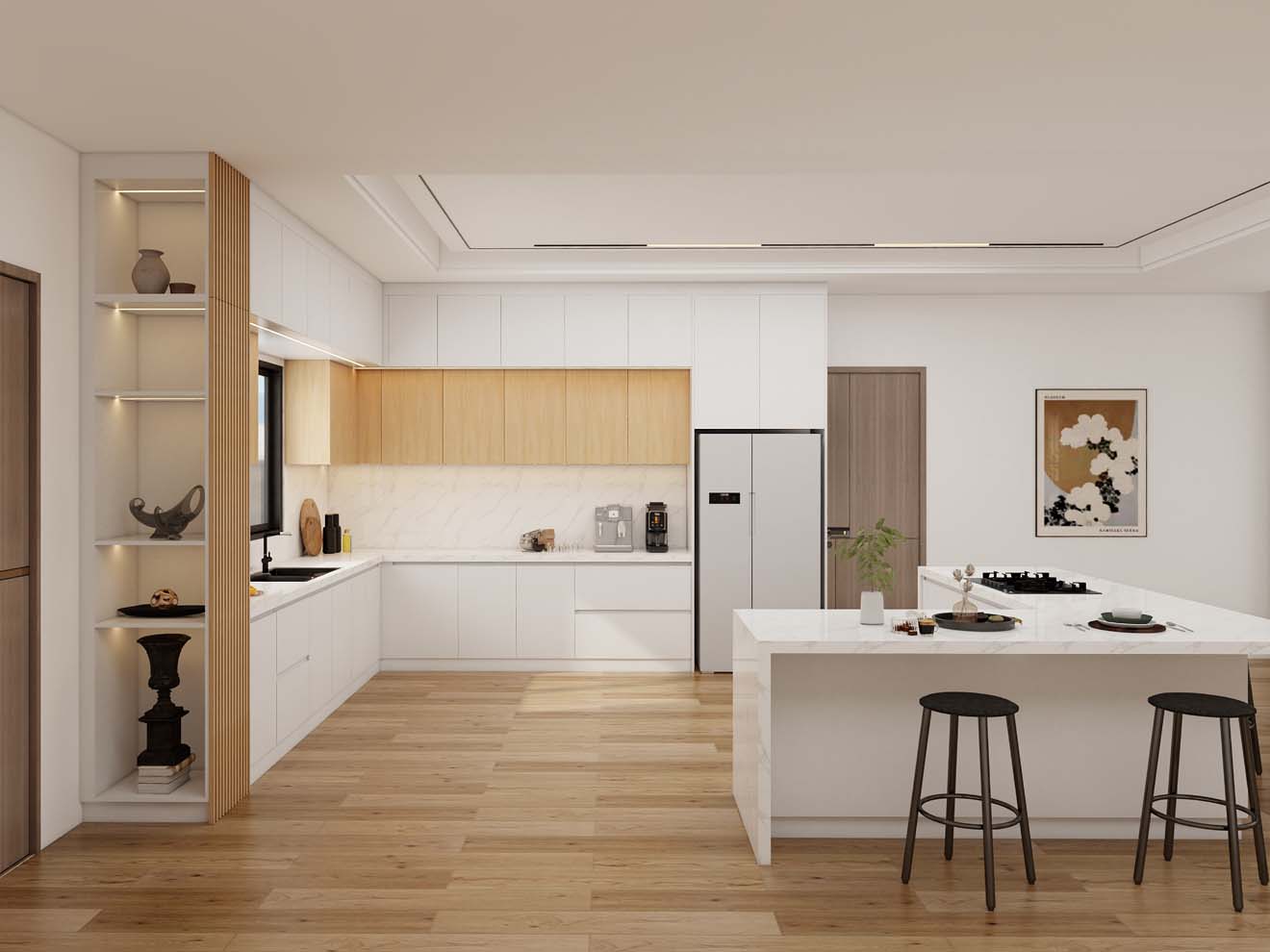 Bright and Modern Kitchen Designs With White Cabinets and Wood Accents