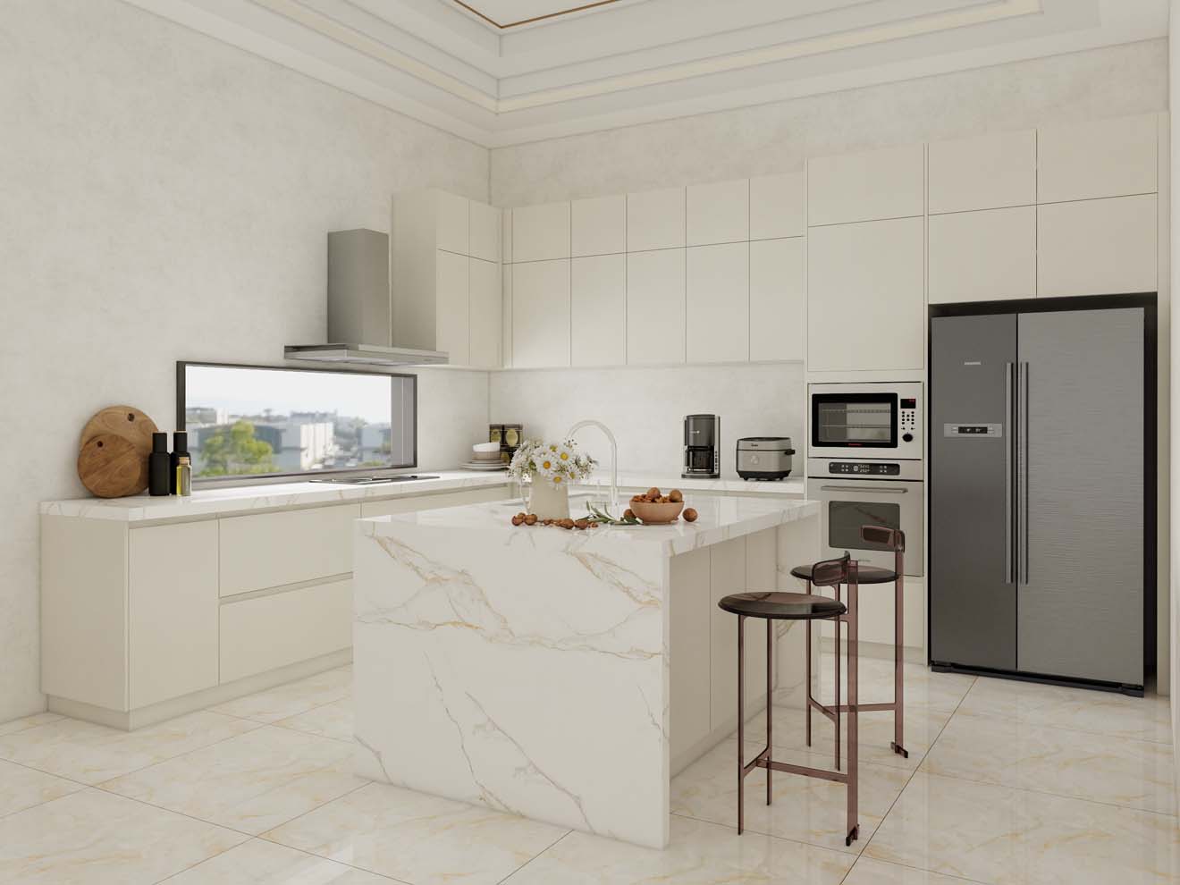Bright and Sleek Modern White Kitchen Cabinets with Marble Island