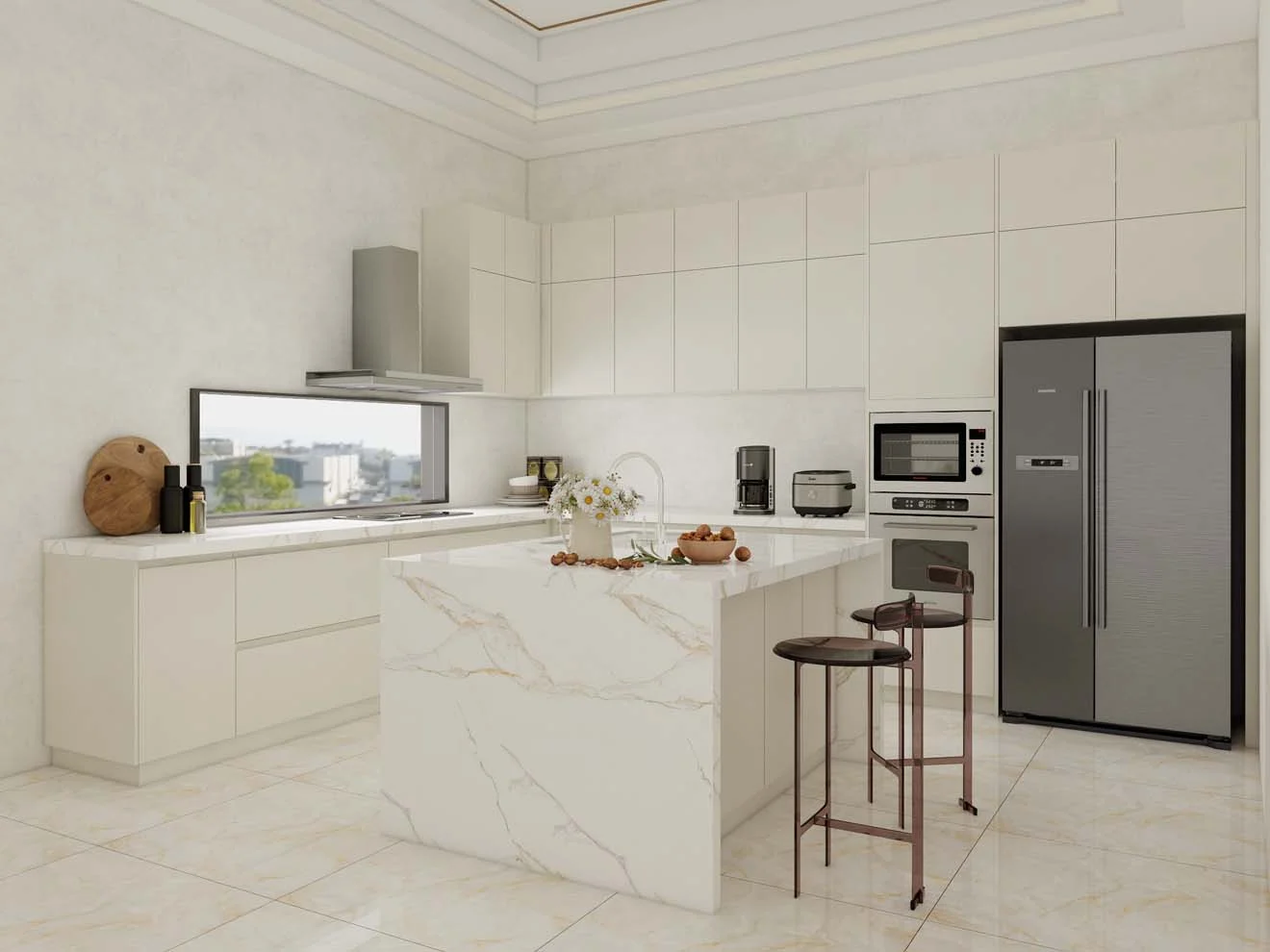 Bright and Sleek Modern White Kitchen Cabinets with Marble Island - PA ...