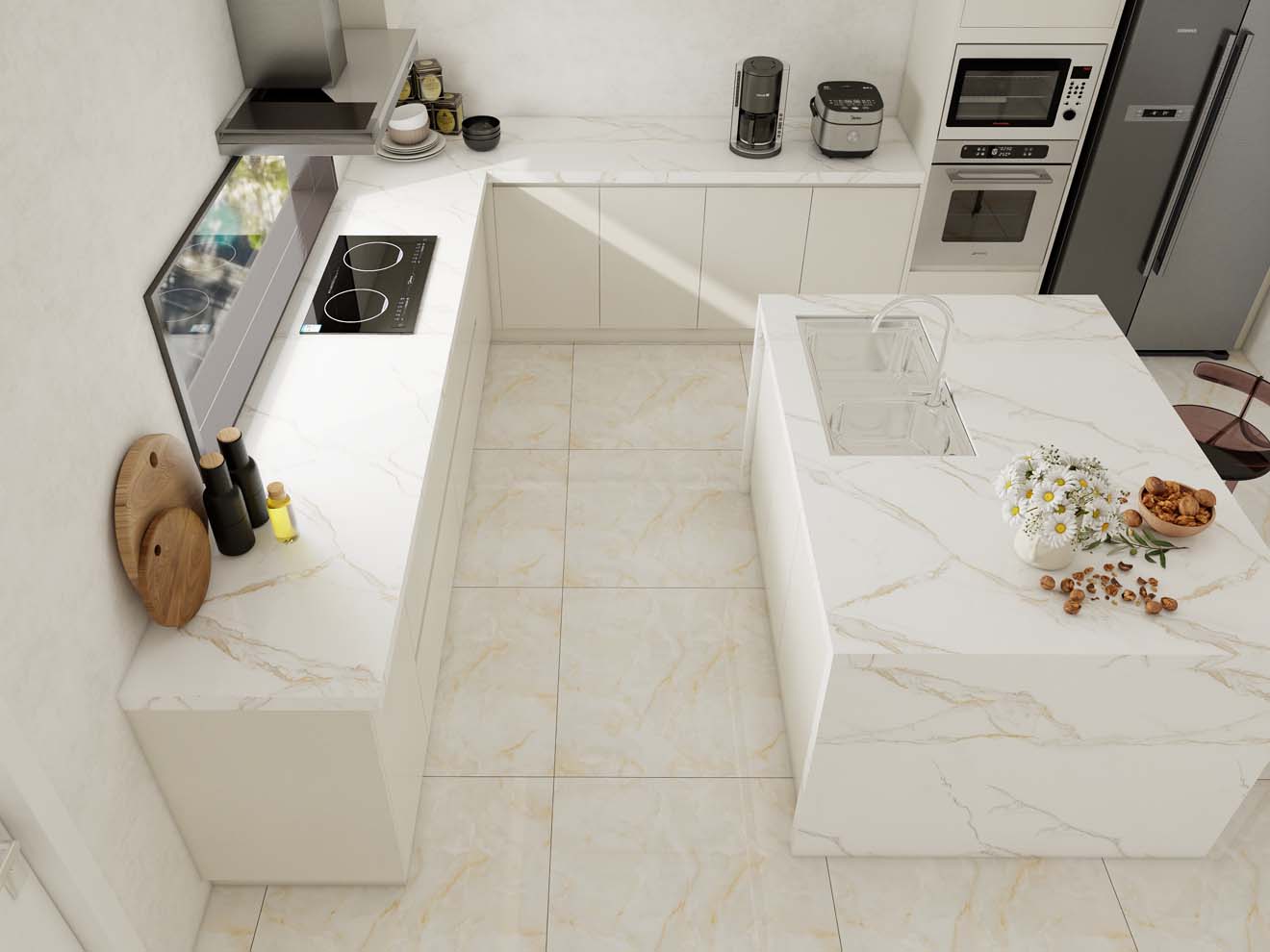 Bright and Sleek Modern White Kitchen Cabinets with Marble Island