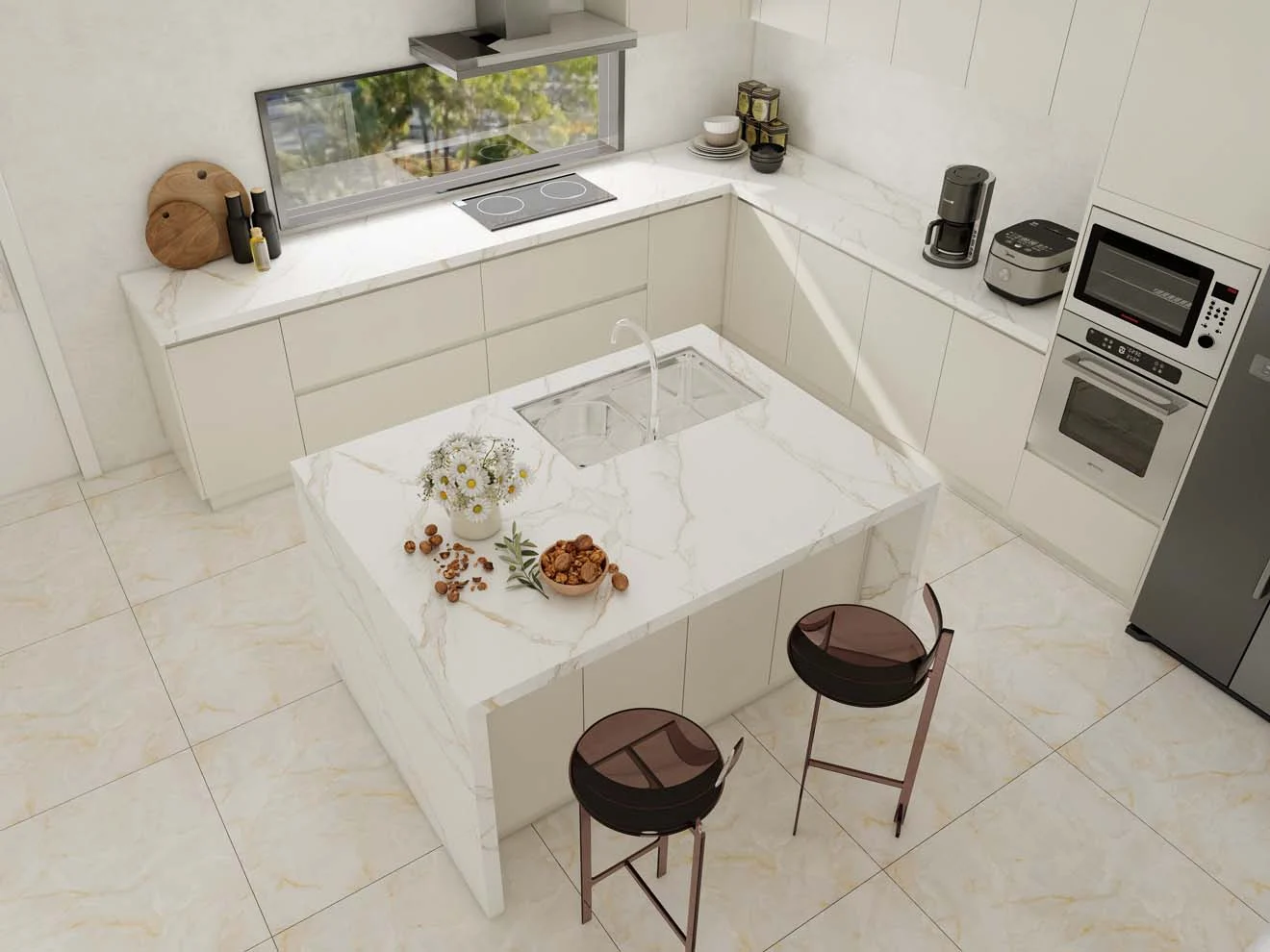 Bright and Sleek Modern White Kitchen Cabinets with Marble Island