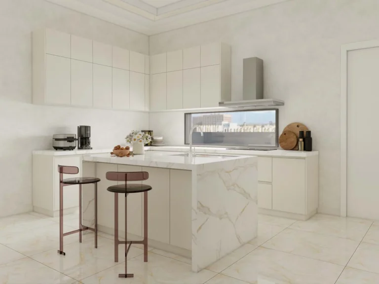 Bright and Sleek Modern White Kitchen Cabinets with Marble Island
