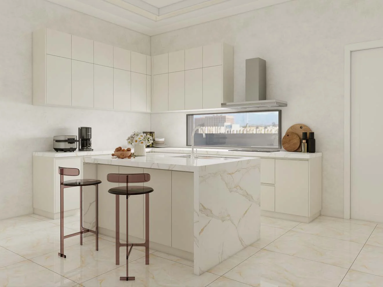 Bright and Sleek Modern White Kitchen Cabinets with Marble Island 1 Bright and Sleek Modern White Kitchen Cabinets with Marble Island