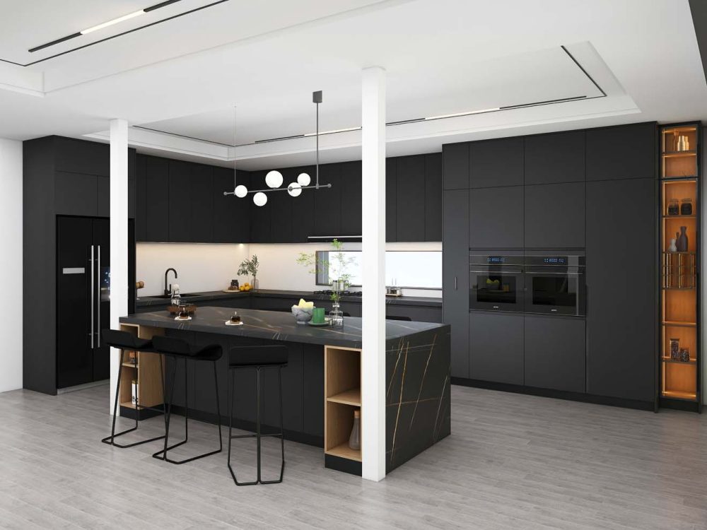 Sleek and Modern Dark Grey Kitchen Cabinets with Golden Accents - PA ...