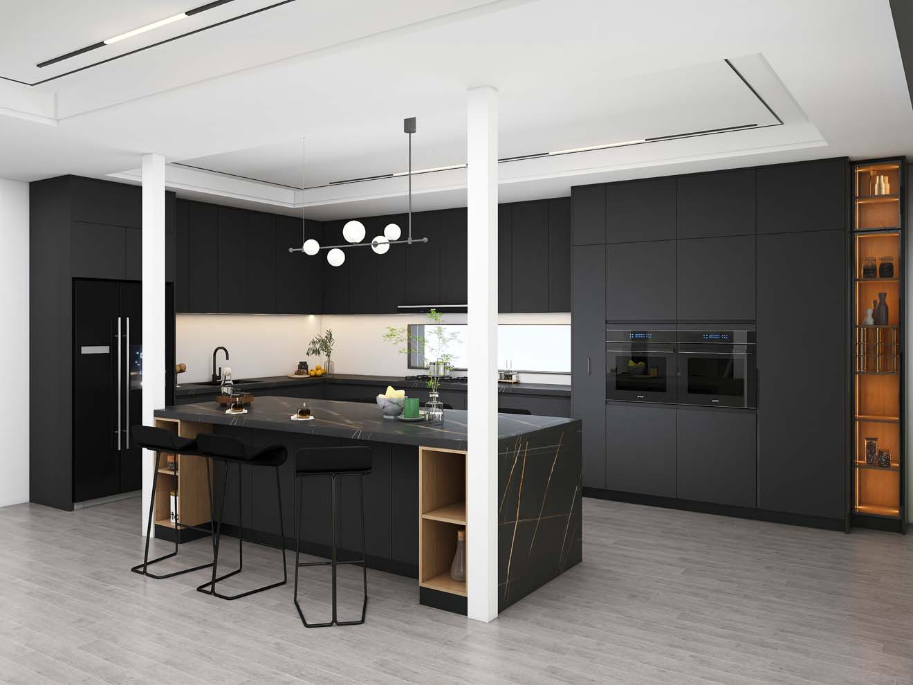 Sleek and Modern Dark Grey Kitchen Cabinets with Golden Accents