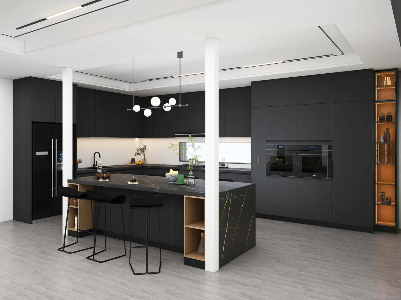 Sleek and Modern Dark Grey Kitchen Cabinets with Golden Accents