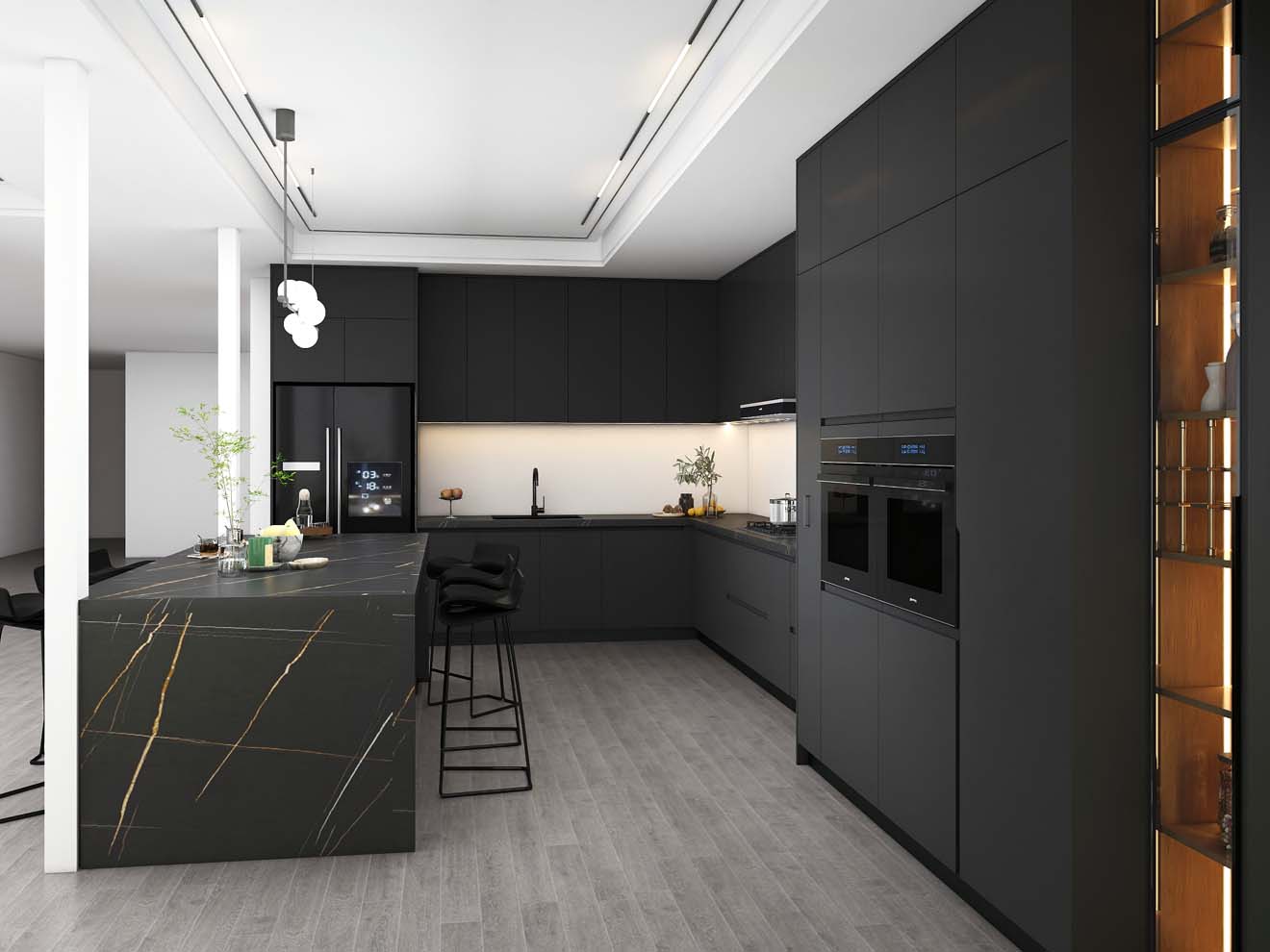 Sleek and Modern Dark Grey Kitchen Cabinets with Golden Accents