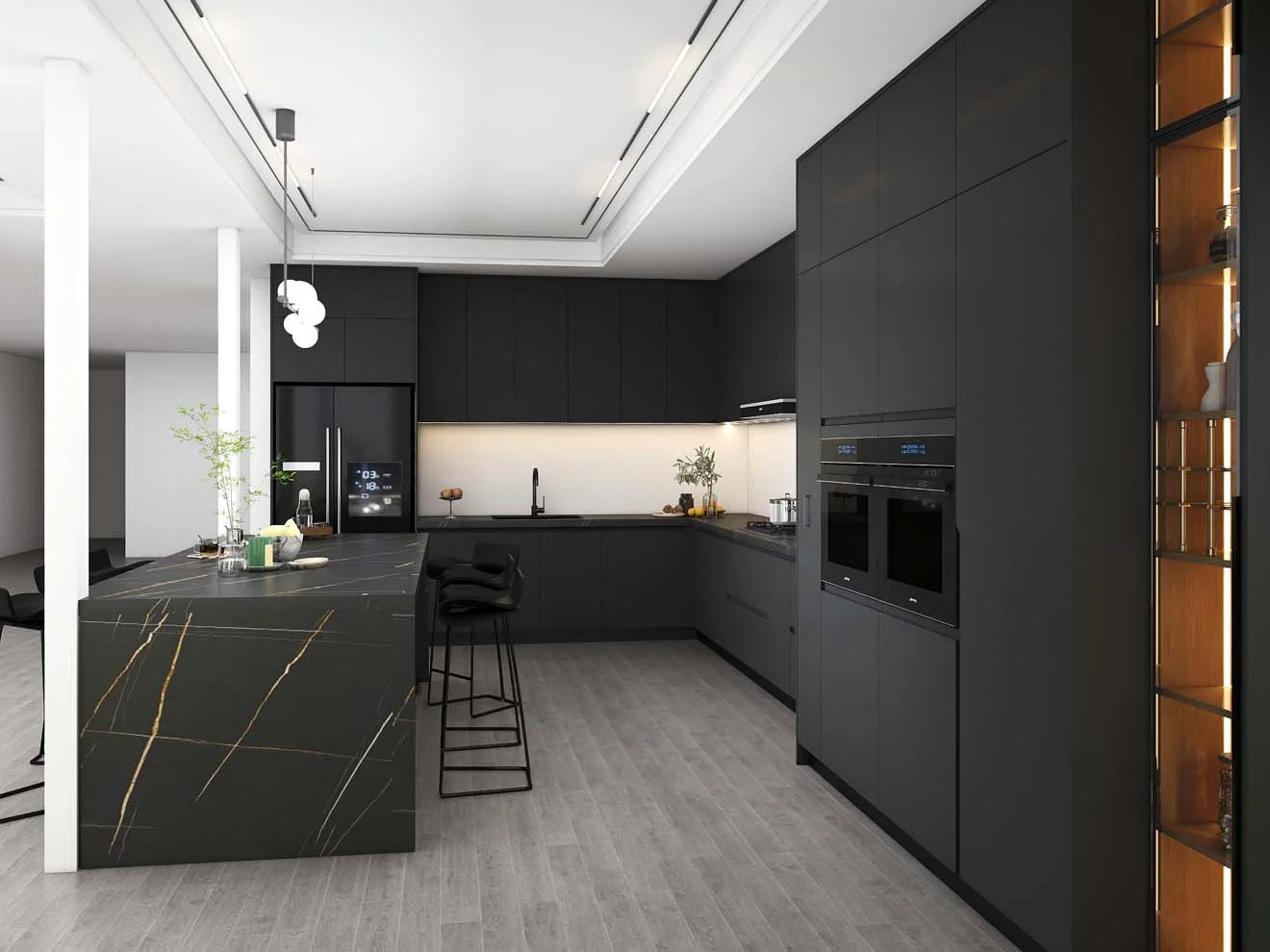 Sleek and Modern Dark Grey Kitchen Cabinets with Golden Accents - PA ...