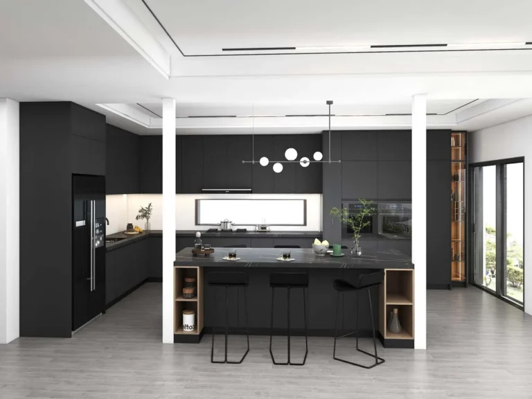 Sleek and Modern Dark Grey Kitchen Cabinets with Golden Accents