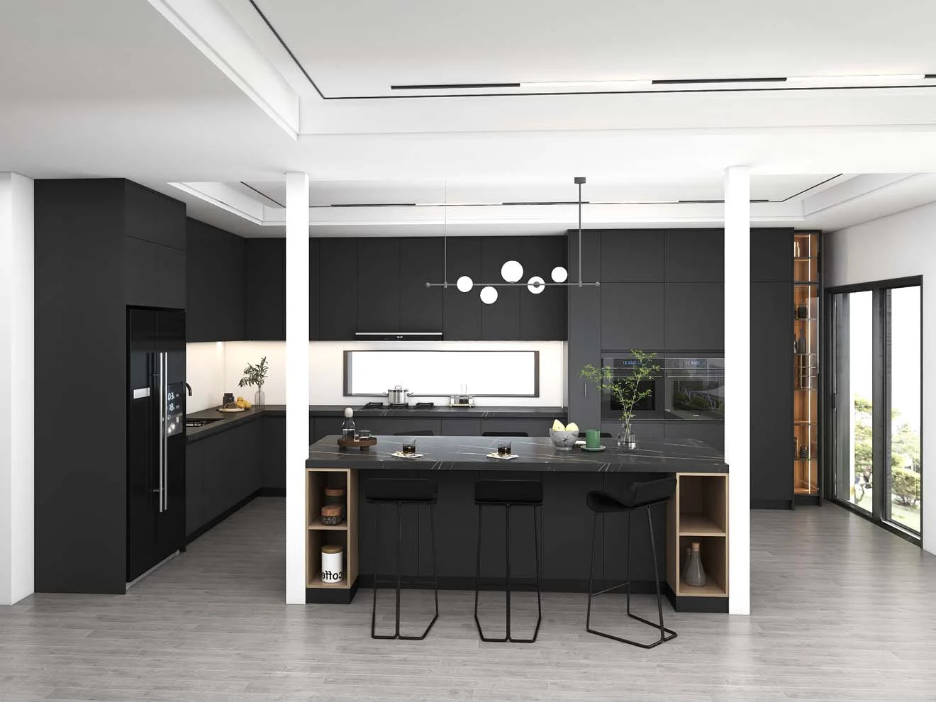 Lemari Dapur Abu-abu Tua yang Ramping dan Modern dengan Aksen Emas