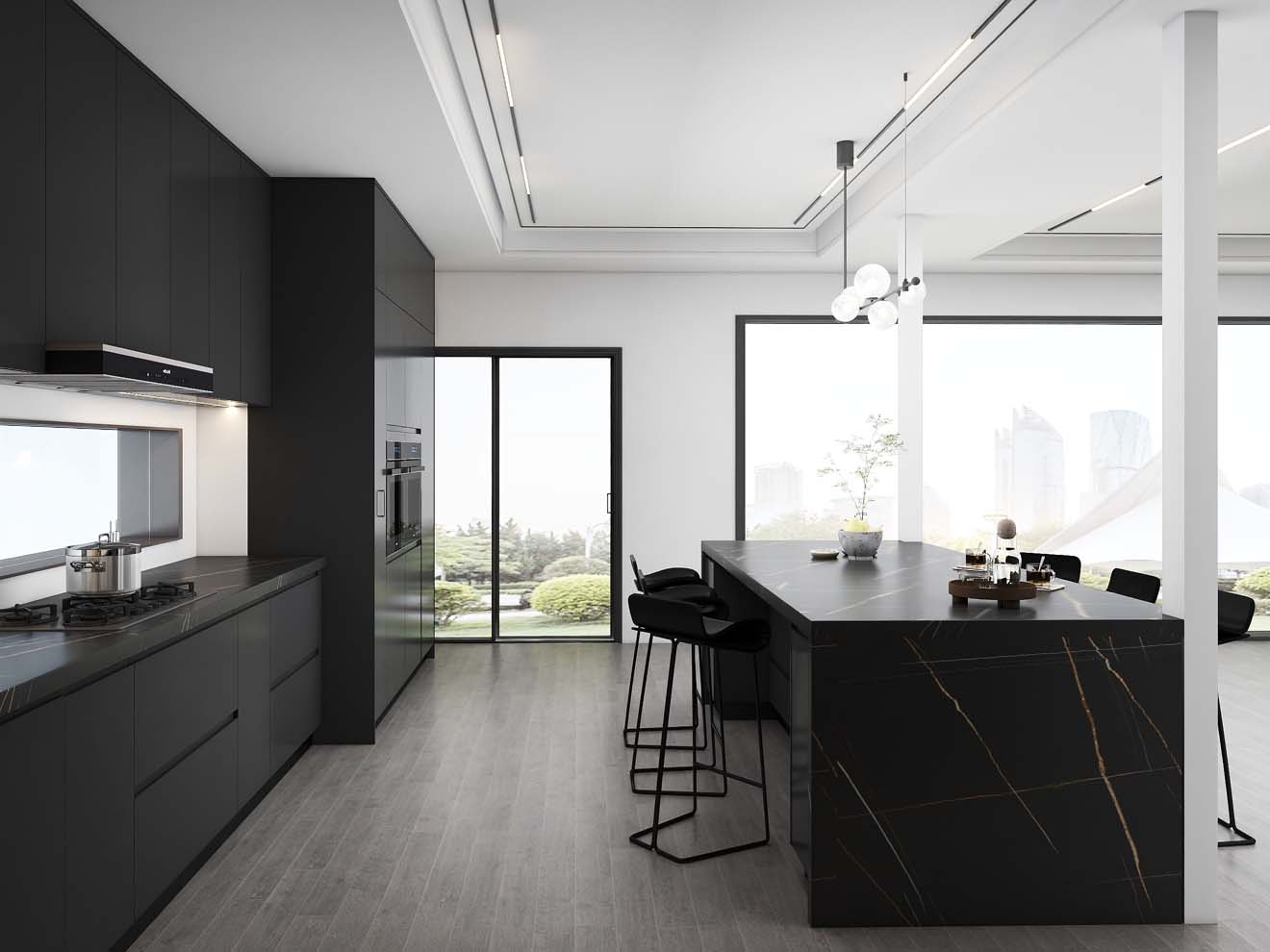Sleek and Modern Dark Grey Kitchen Cabinets with Golden Accents