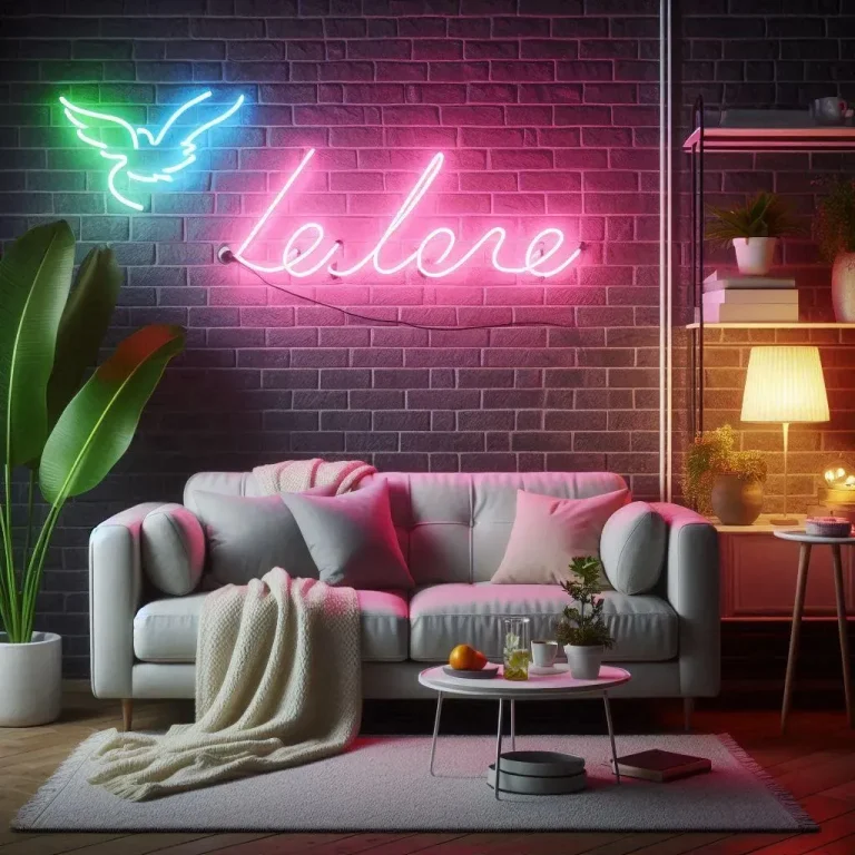 A modern and vibrant living room with neon lights, featuring the word in pink neon letters on one wall