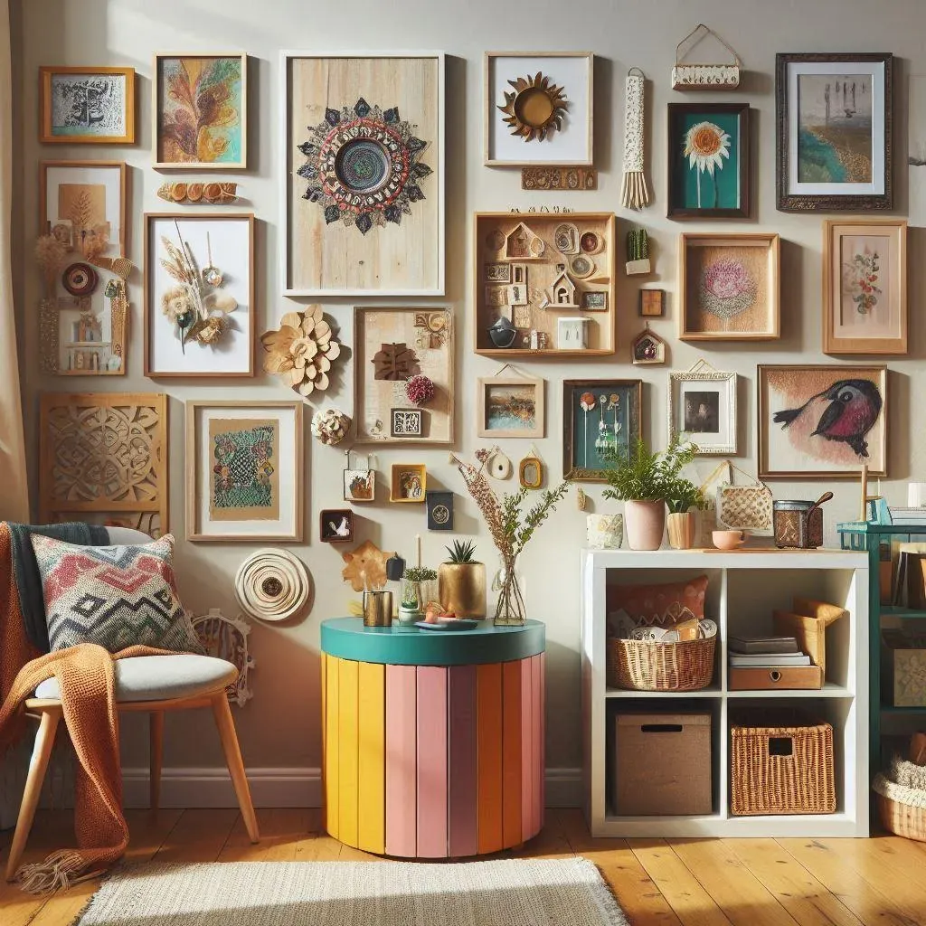 A vibrant and eclectic wall display featuring various wooden picture frames