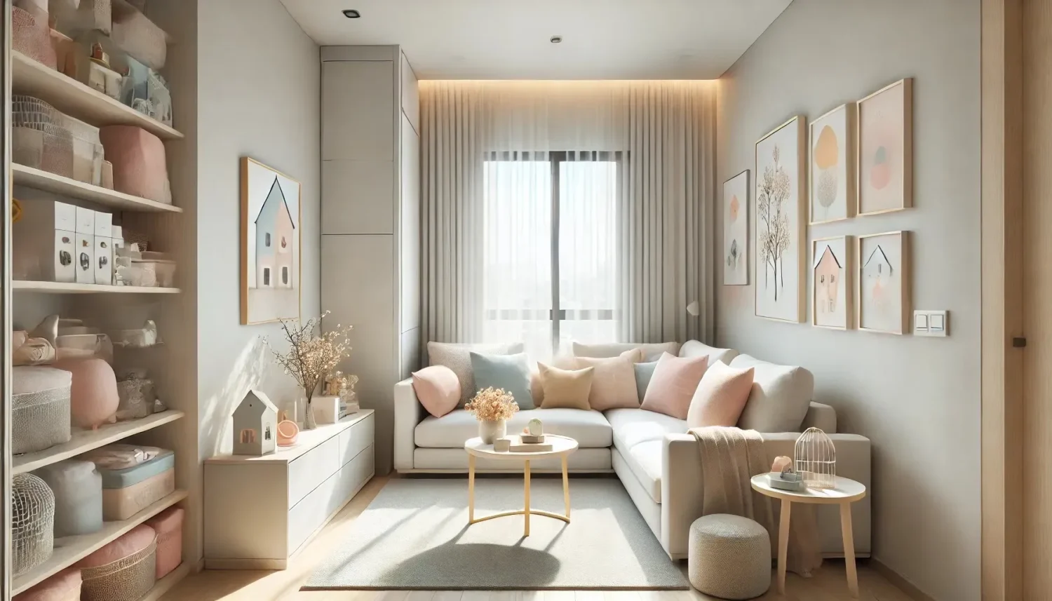 Modern and minimalist living room interior design with pastel colors