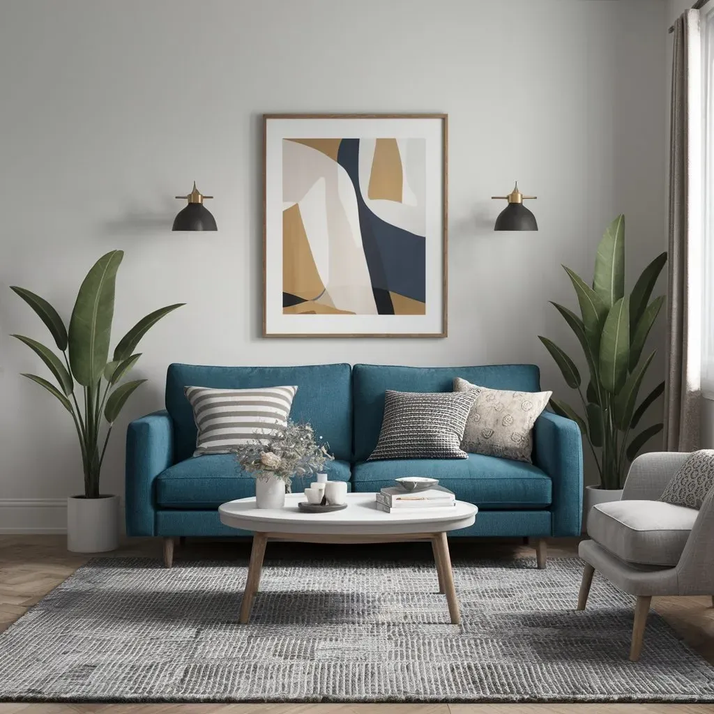 How to Decorate a Small Living Room on a Budget 1 Modern living room with a blue sofa, white coffee table and decorative plants