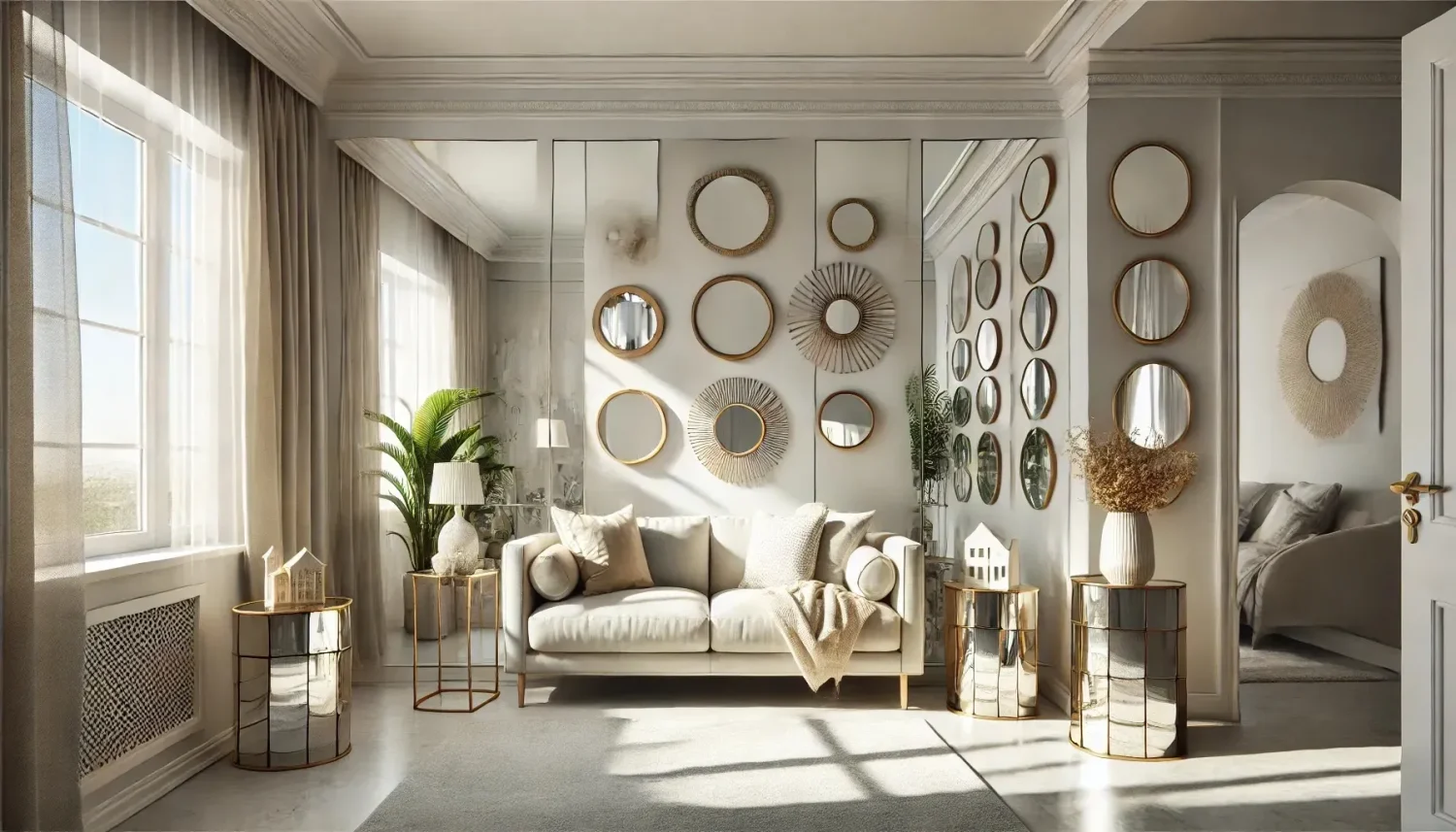 Modern living room with a wall full of mirrors