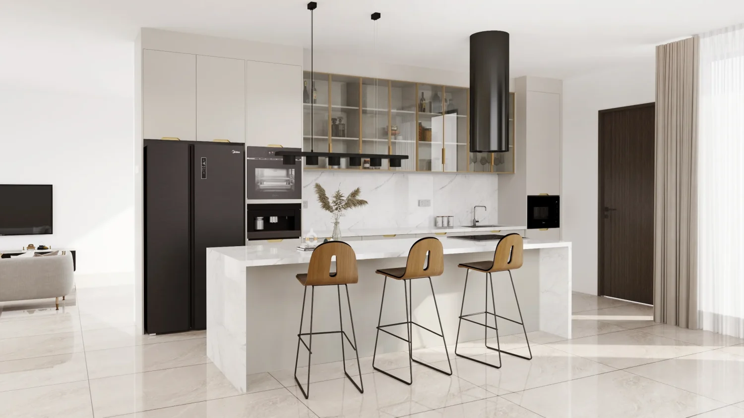 A sophisticated modern kitchen with glass front cabinets, combining lacquered MDF and PET finishes. The minimalist island and sleek integrated appliances bring elegance and functionality to the design.