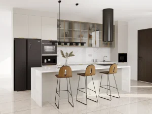 A sophisticated modern kitchen with glass front cabinets, combining lacquered MDF and PET finishes. The minimalist island and sleek integrated appliances bring elegance and functionality to the design.