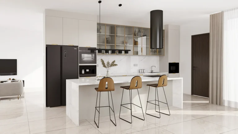 A sophisticated modern kitchen with glass front cabinets, combining lacquered MDF and PET finishes. The minimalist island and sleek integrated appliances bring elegance and functionality to the design.