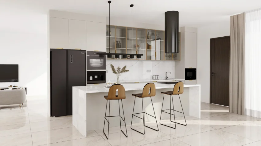 A sophisticated modern kitchen with glass front cabinets, combining lacquered MDF and PET finishes. The minimalist island and sleek integrated appliances bring elegance and functionality to the design.