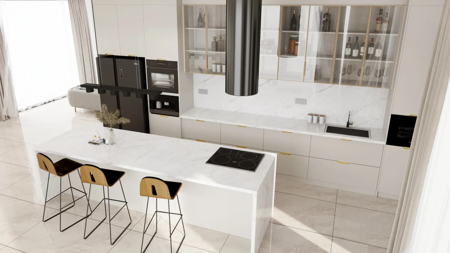 A sophisticated modern kitchen with glass front cabinets, combining lacquered MDF and PET finishes. The minimalist island and sleek integrated appliances bring elegance and functionality to the design.