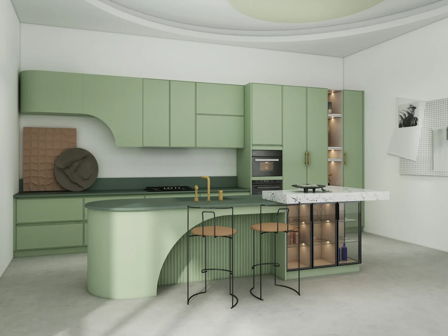 A stunning kitchen featuring sage green kitchen cabinets, crafted from lacquered MDF and melamine woodgrain finishes. The curved island and open shelving add functionality and timeless elegance.