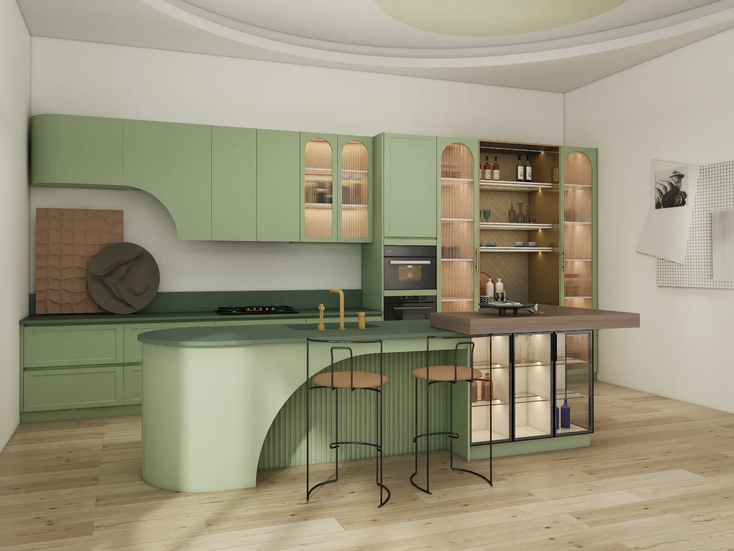 A stunning kitchen featuring sage green kitchen cabinets, crafted from lacquered MDF and melamine woodgrain finishes. The curved island and open shelving add functionality and timeless elegance.