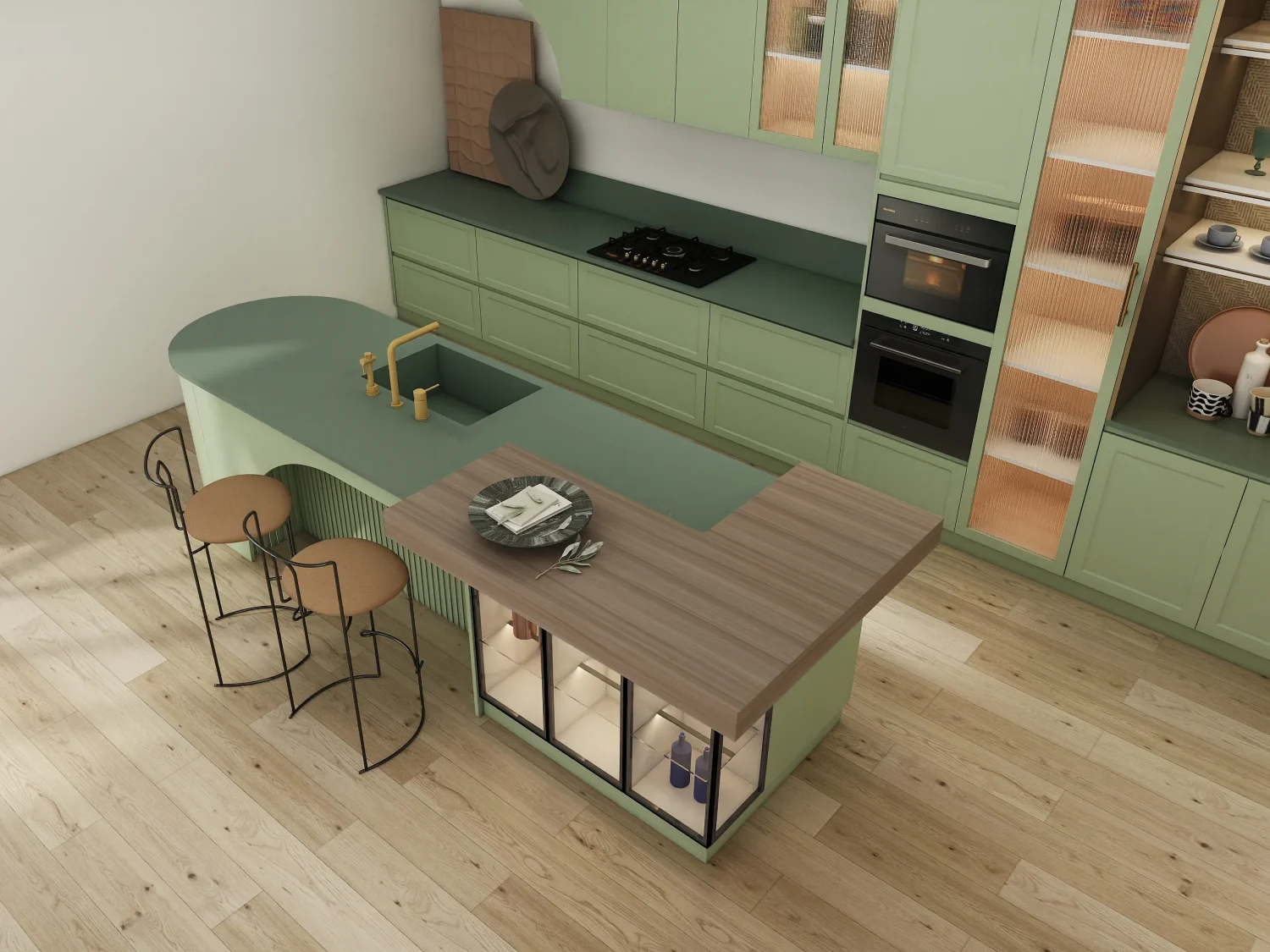 A stunning kitchen featuring sage green kitchen cabinets, crafted from lacquered MDF and melamine woodgrain finishes. The curved island and open shelving add functionality and timeless elegance.