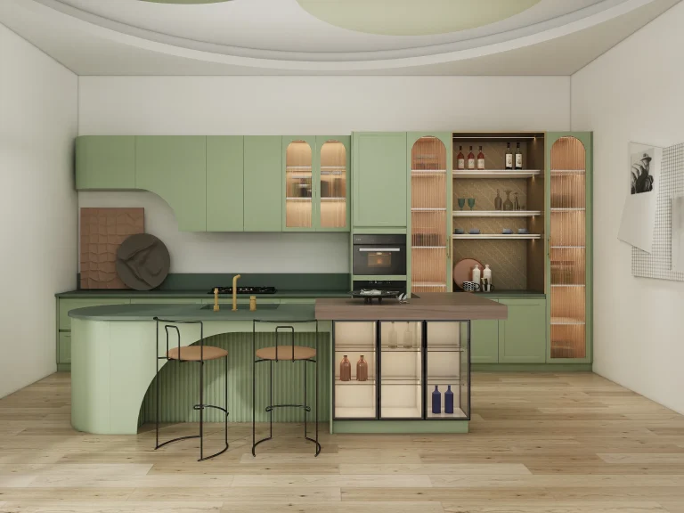 A stunning kitchen featuring sage green kitchen cabinets, crafted from lacquered MDF and melamine woodgrain finishes. The curved island and open shelving add functionality and timeless elegance.