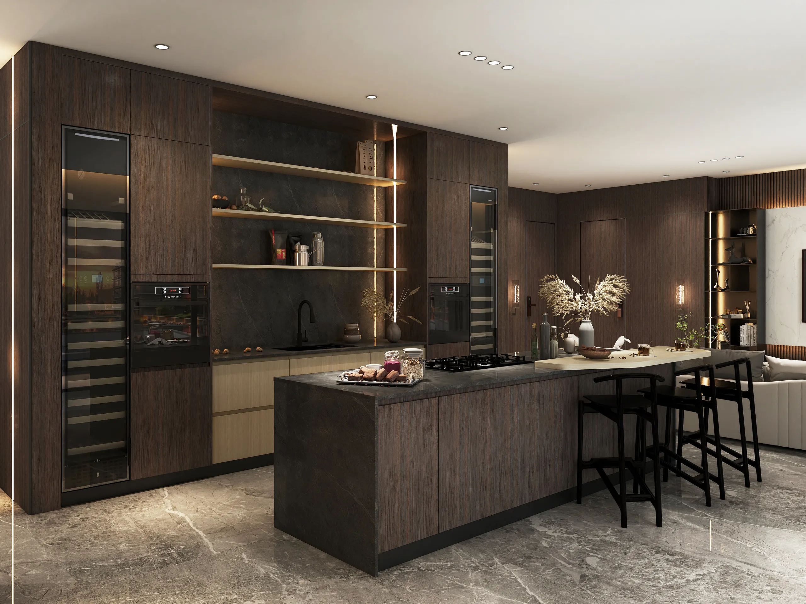 A luxurious kitchen with dark wood kitchen cabinets, featuring melamine finishes and sleek, integrated appliances. The spacious island and open shelving add sophistication and practicality.