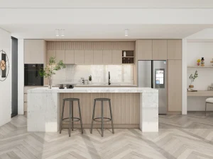 A modern kitchen featuring wood grain kitchen cabinets, crafted from particle board with a melamine finish. The marble island complements the warm wood tones, offering a stylish and functional cooking space.