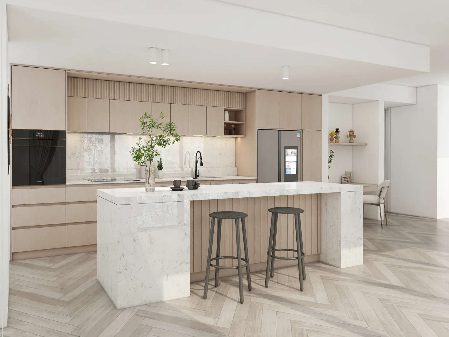 A modern kitchen featuring wood grain kitchen cabinets, crafted from particle board with a melamine finish. The marble island complements the warm wood tones, offering a stylish and functional cooking space.