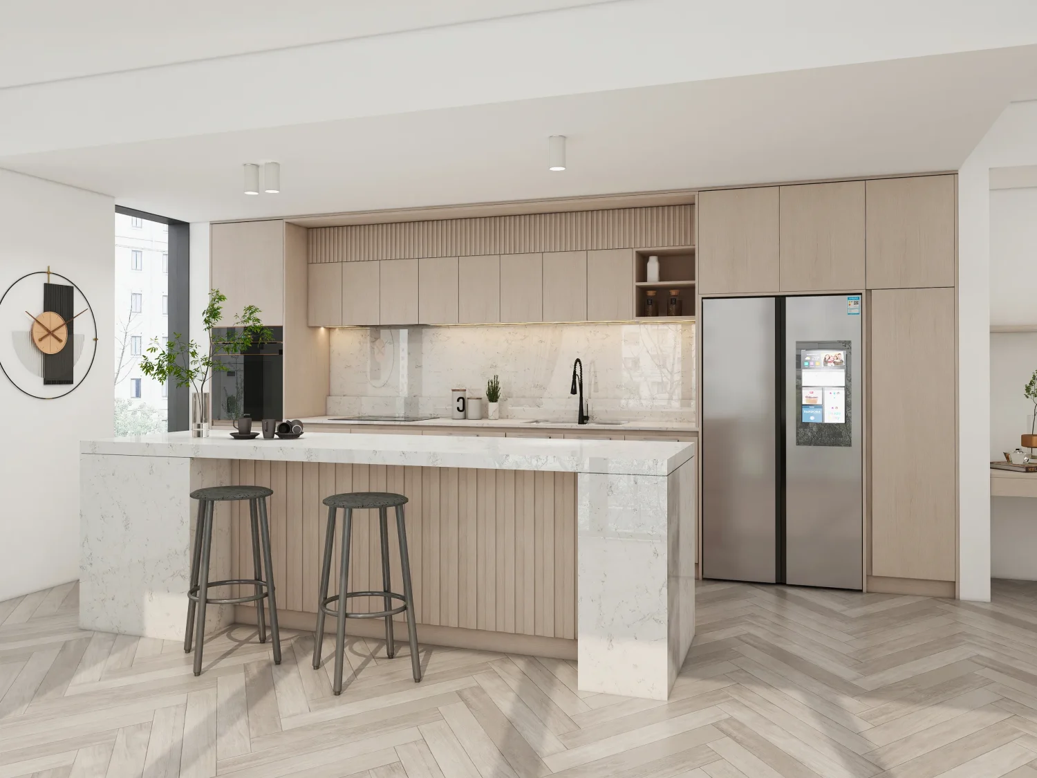 A modern kitchen featuring wood grain kitchen cabinets, crafted from particle board with a melamine finish. The marble island complements the warm wood tones, offering a stylish and functional cooking space.