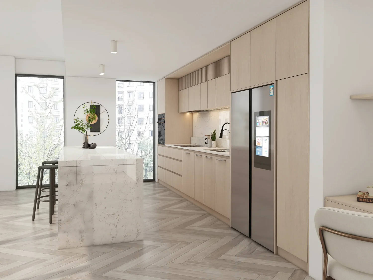 A modern kitchen featuring wood grain kitchen cabinets, crafted from particle board with a melamine finish. The marble island complements the warm wood tones, offering a stylish and functional cooking space.