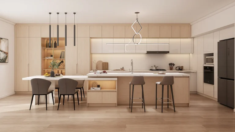 A sophisticated kitchen featuring modern light wood kitchen cabinets with melamine finishes and matte white lacquered accents. The spacious island and integrated dining table bring functionality and elegance to the design.