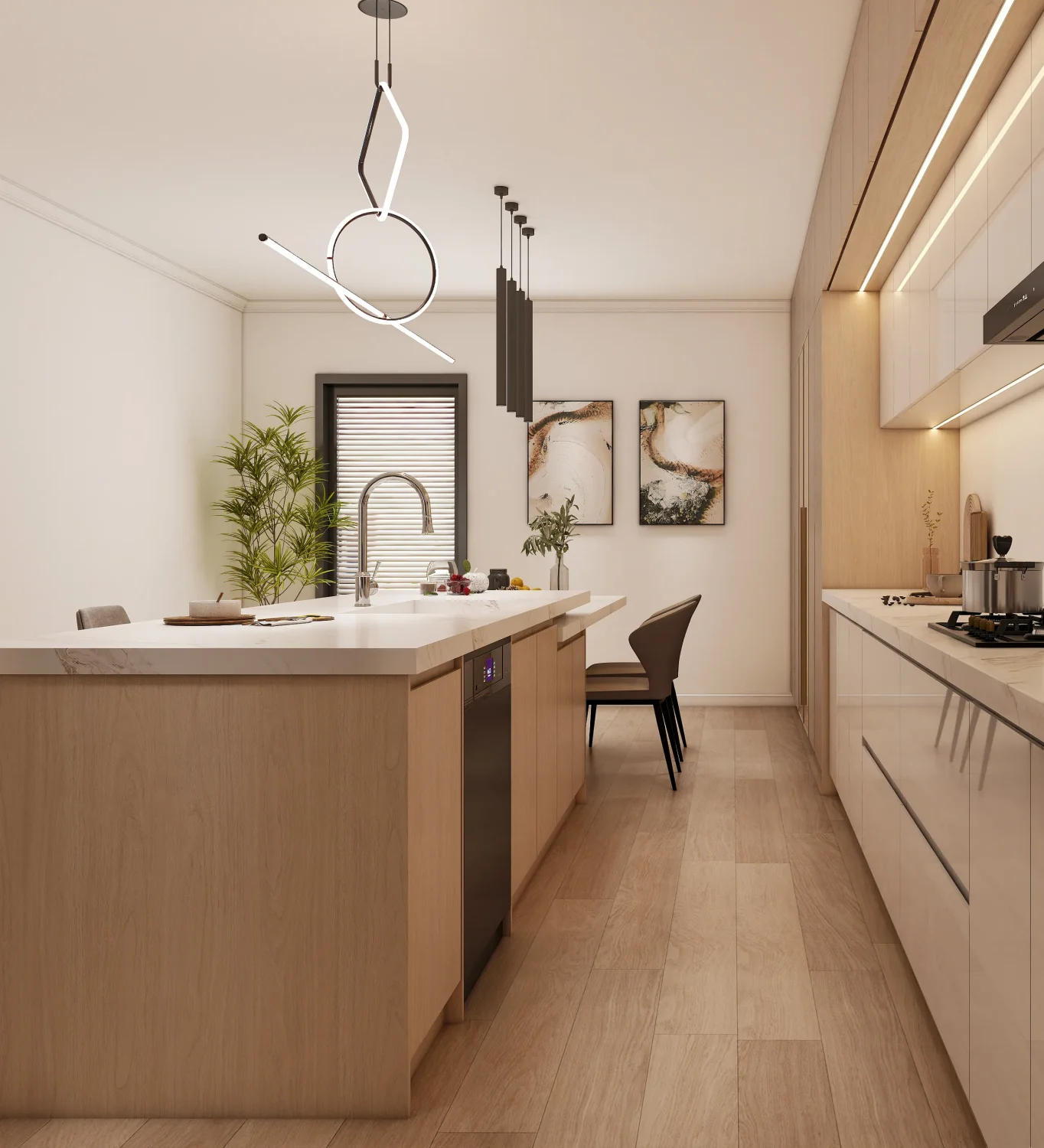 A sophisticated kitchen featuring modern light wood kitchen cabinets with melamine finishes and matte white lacquered accents. The spacious island and integrated dining table bring functionality and elegance to the design.