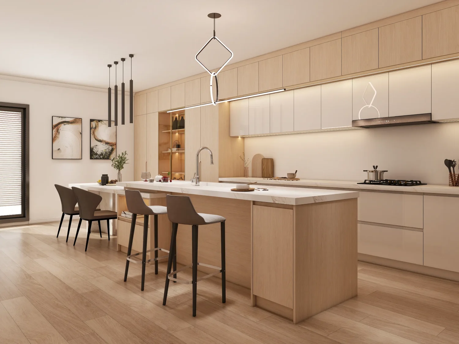 A sophisticated kitchen featuring modern light wood kitchen cabinets with melamine finishes and matte white lacquered accents. The spacious island and integrated dining table bring functionality and elegance to the design.