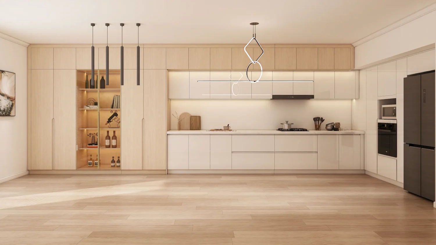 A sophisticated kitchen featuring modern light wood kitchen cabinets with melamine finishes and matte white lacquered accents. The spacious island and integrated dining table bring functionality and elegance to the design.