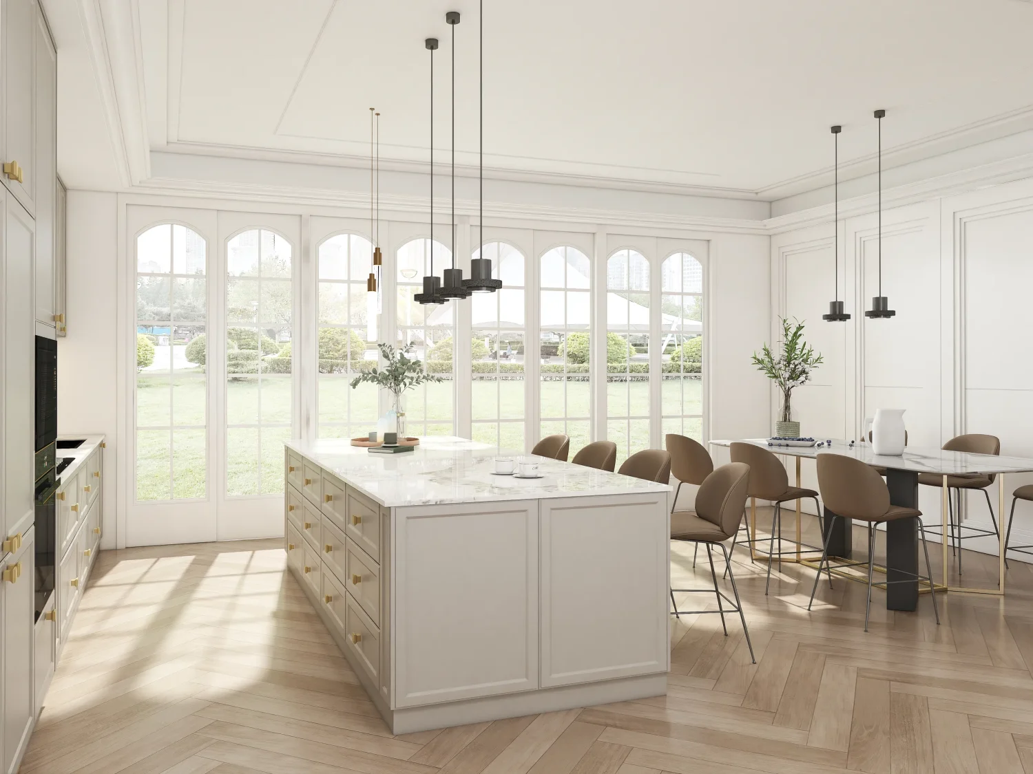 A sophisticated kitchen featuring slim shaker cabinets in a soft beige lacquer finish. The handle-visible design adds a classic touch, while the marble countertop enhances luxury and elegance.