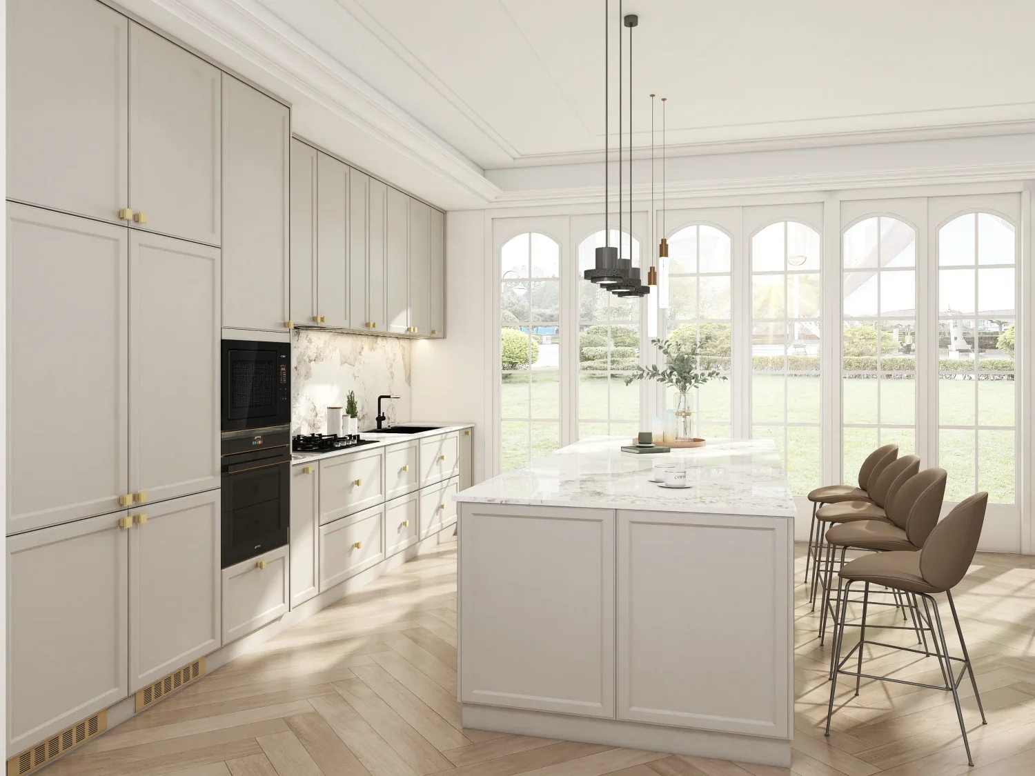 A sophisticated kitchen featuring slim shaker cabinets in a soft beige lacquer finish. The handle-visible design adds a classic touch, while the marble countertop enhances luxury and elegance.