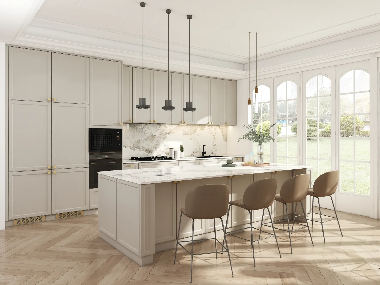 A sophisticated kitchen featuring slim shaker cabinets in a soft beige lacquer finish. The handle-visible design adds a classic touch, while the marble countertop enhances luxury and elegance.
