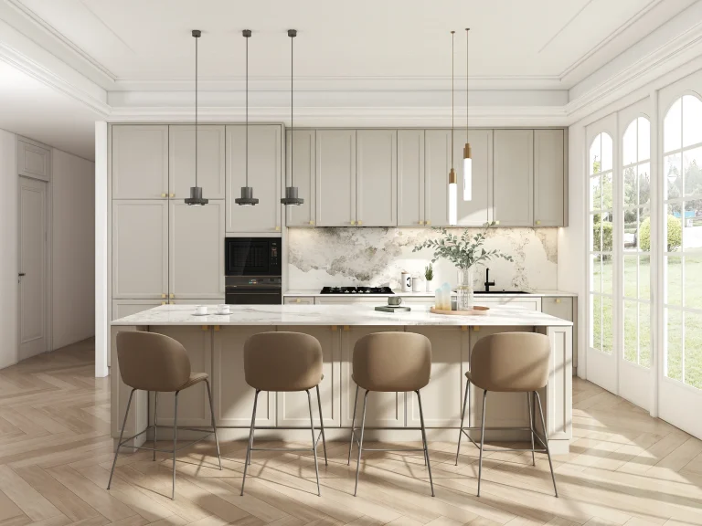 A sophisticated kitchen featuring slim shaker cabinets in a soft beige lacquer finish. The handle-visible design adds a classic touch, while the marble countertop enhances luxury and elegance.