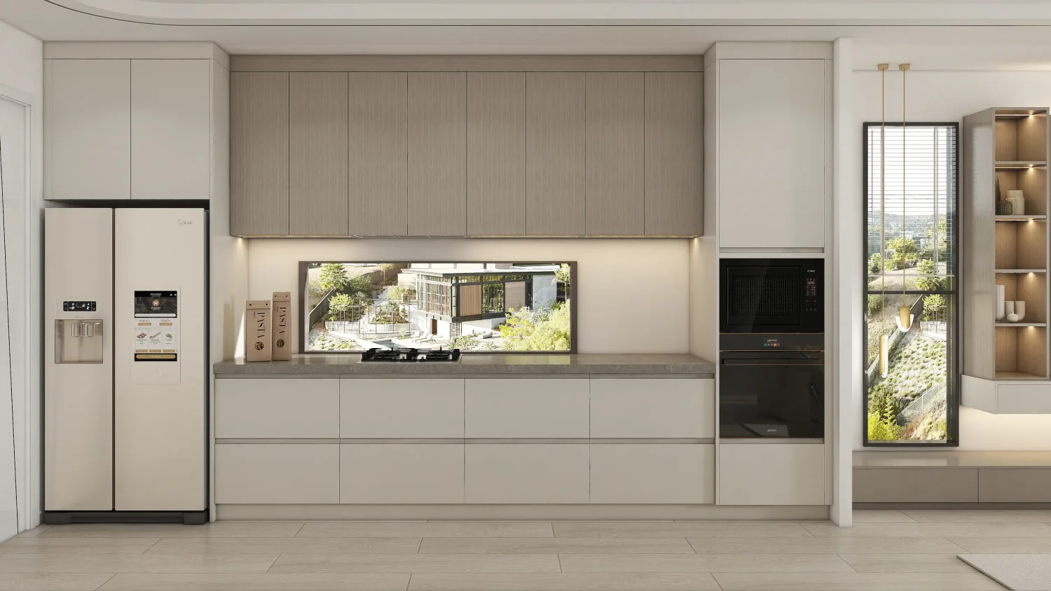 A contemporary luxury modern kitchen cabinets with matt finish, featuring handleless MDF doors in soft beige, paired with woodgrain particle board for the island, offering elegance and functionality.