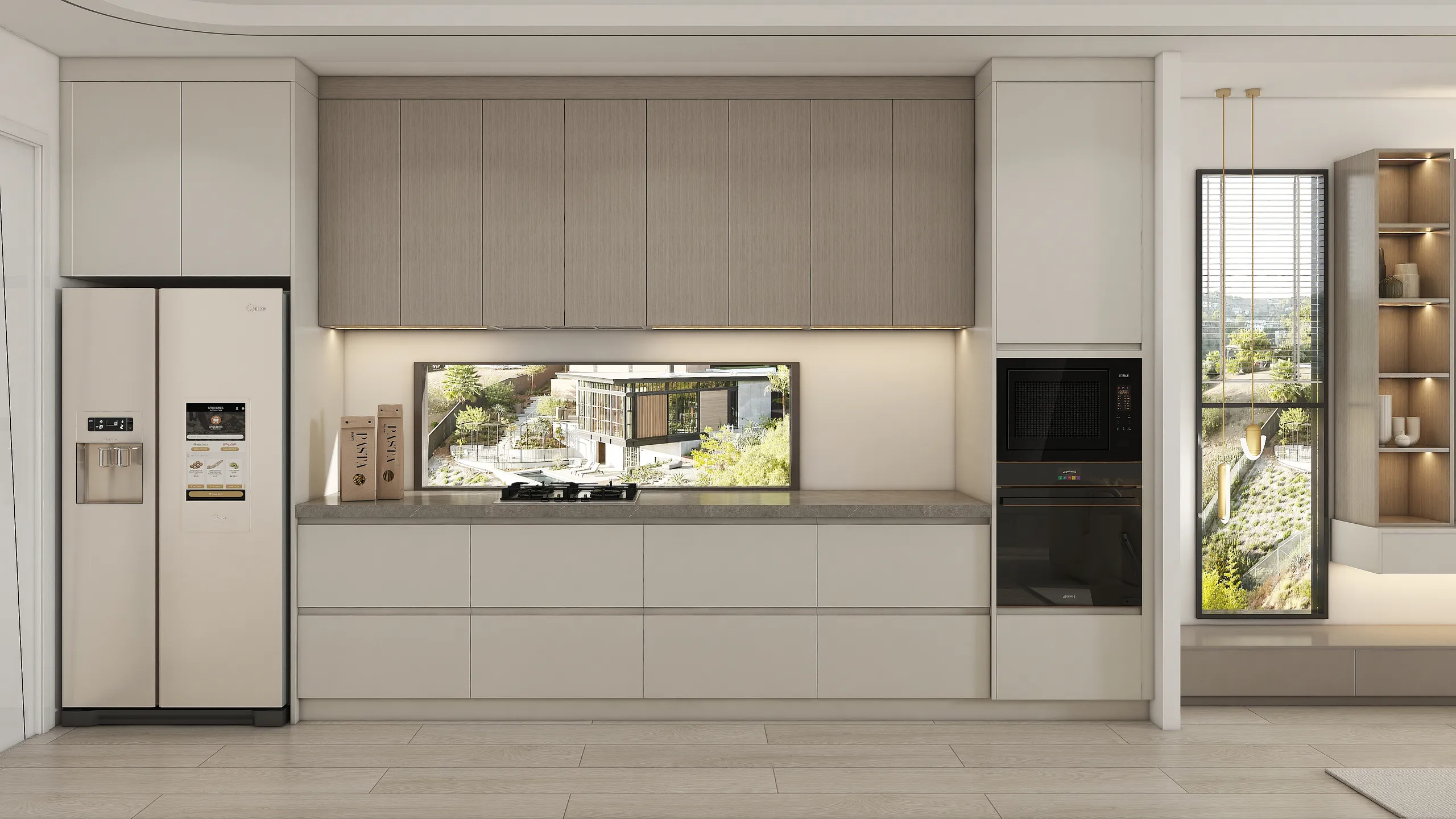 A contemporary luxury modern kitchen cabinets with matt finish, featuring handleless MDF doors in soft beige, paired with woodgrain particle board for the island, offering elegance and functionality.
