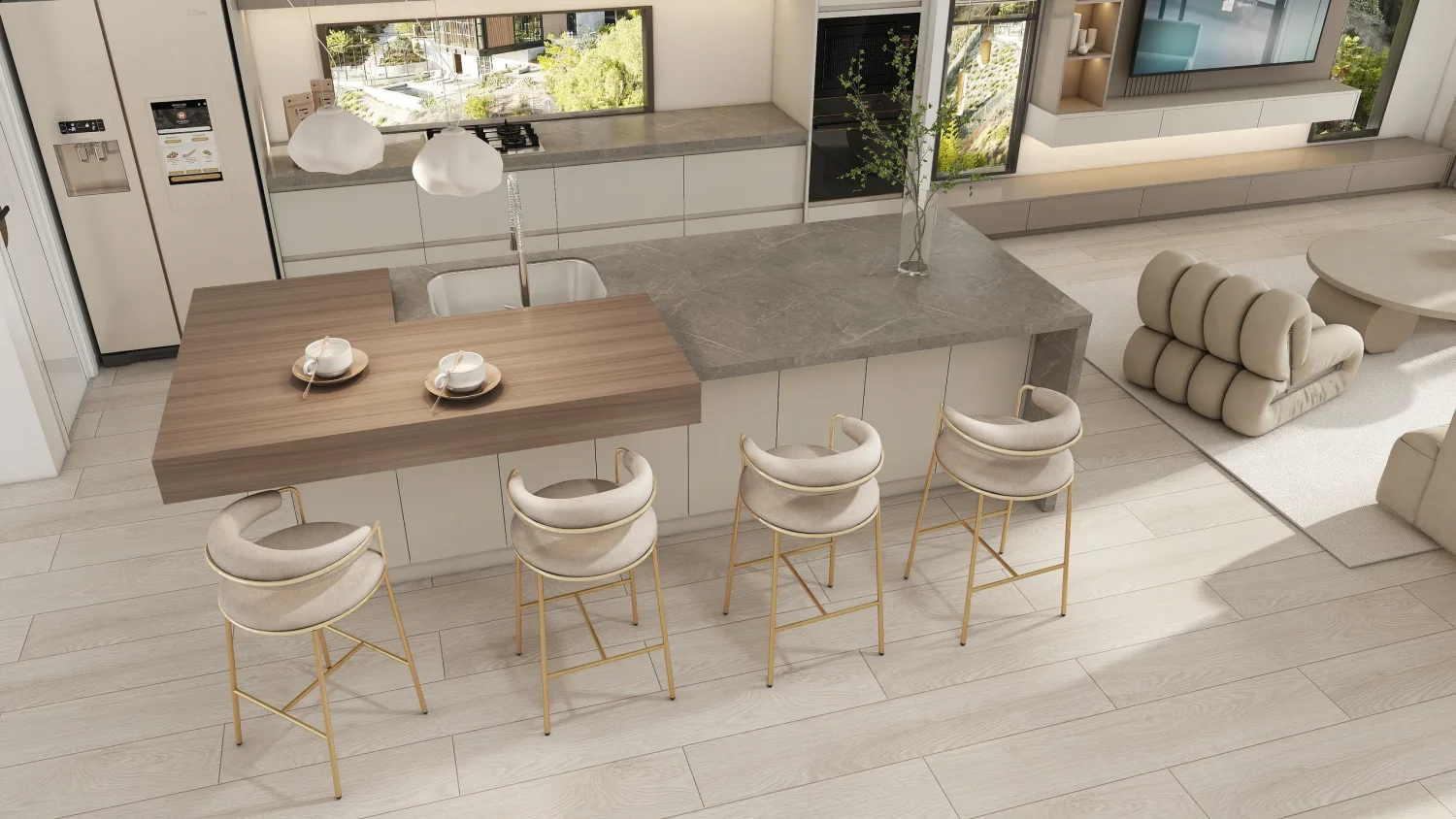 A contemporary luxury modern kitchen cabinets with matt finish, featuring handleless MDF doors in soft beige, paired with woodgrain particle board for the island, offering elegance and functionality.