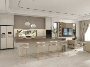 A contemporary luxury modern kitchen cabinets with matt finish, featuring handleless MDF doors in soft beige, paired with woodgrain particle board for the island, offering elegance and functionality.