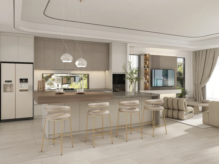A contemporary luxury modern kitchen cabinets with matt finish, featuring handleless MDF doors in soft beige, paired with woodgrain particle board for the island, offering elegance and functionality.