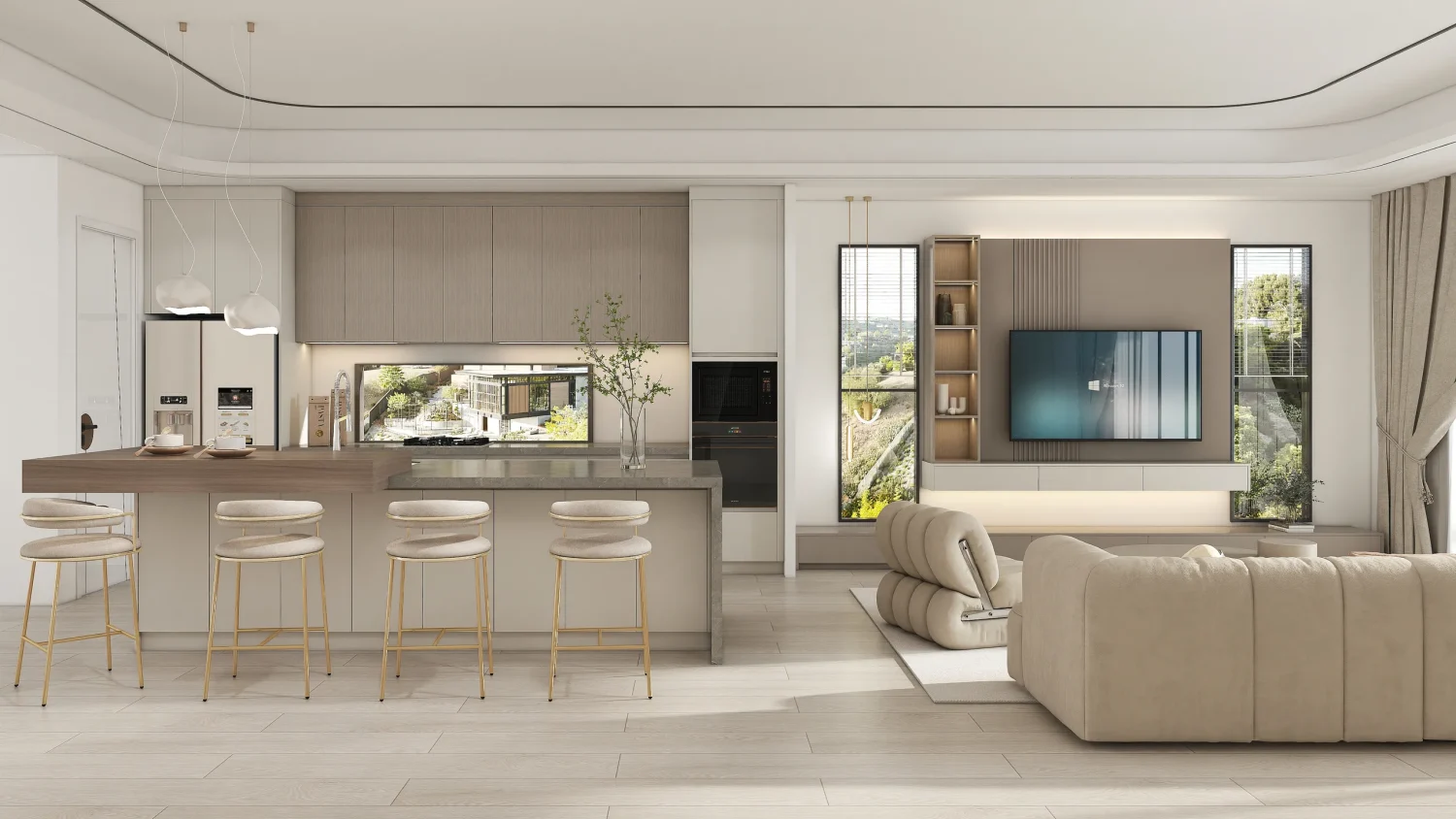 A contemporary luxury modern kitchen cabinets with matt finish, featuring handleless MDF doors in soft beige, paired with woodgrain particle board for the island, offering elegance and functionality.